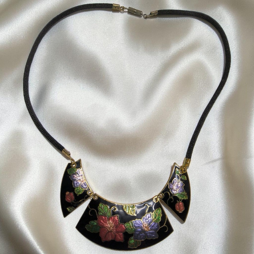 Vintage Cloisonné Floral Statement Necklace Art‎ Nouveau Style 18"